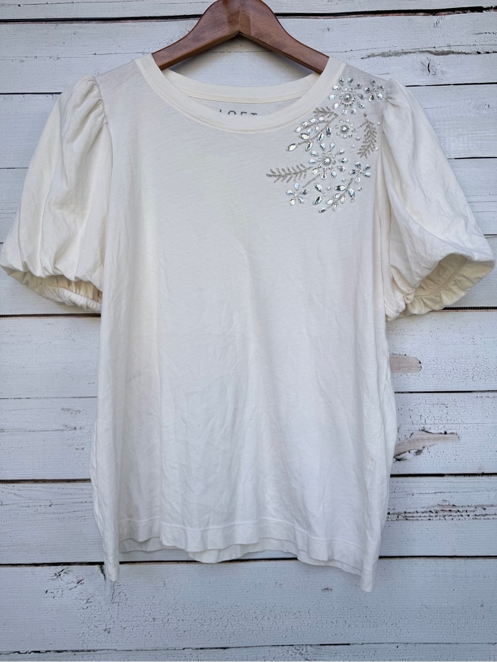 LOFT Beaded Floral Embellished Puff Sleeve Crew Neck Knit Blouse Top - Medium